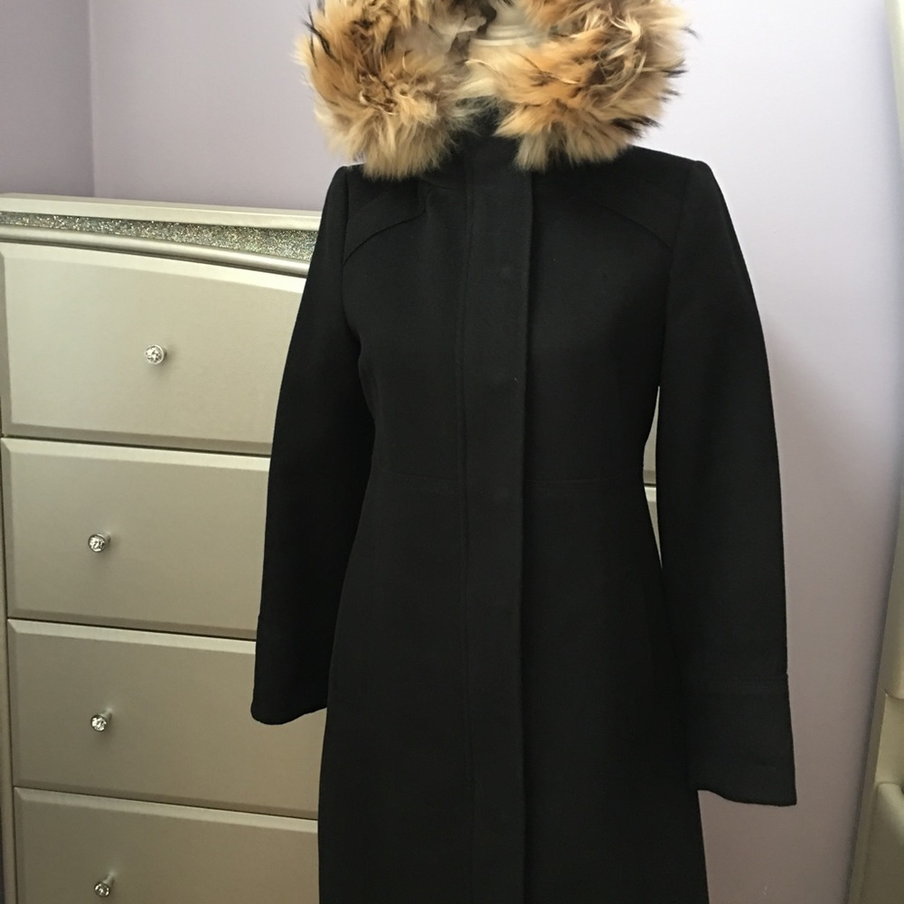 MARC New York black fur trim hooded wool coat zipper and snap closure pockets
